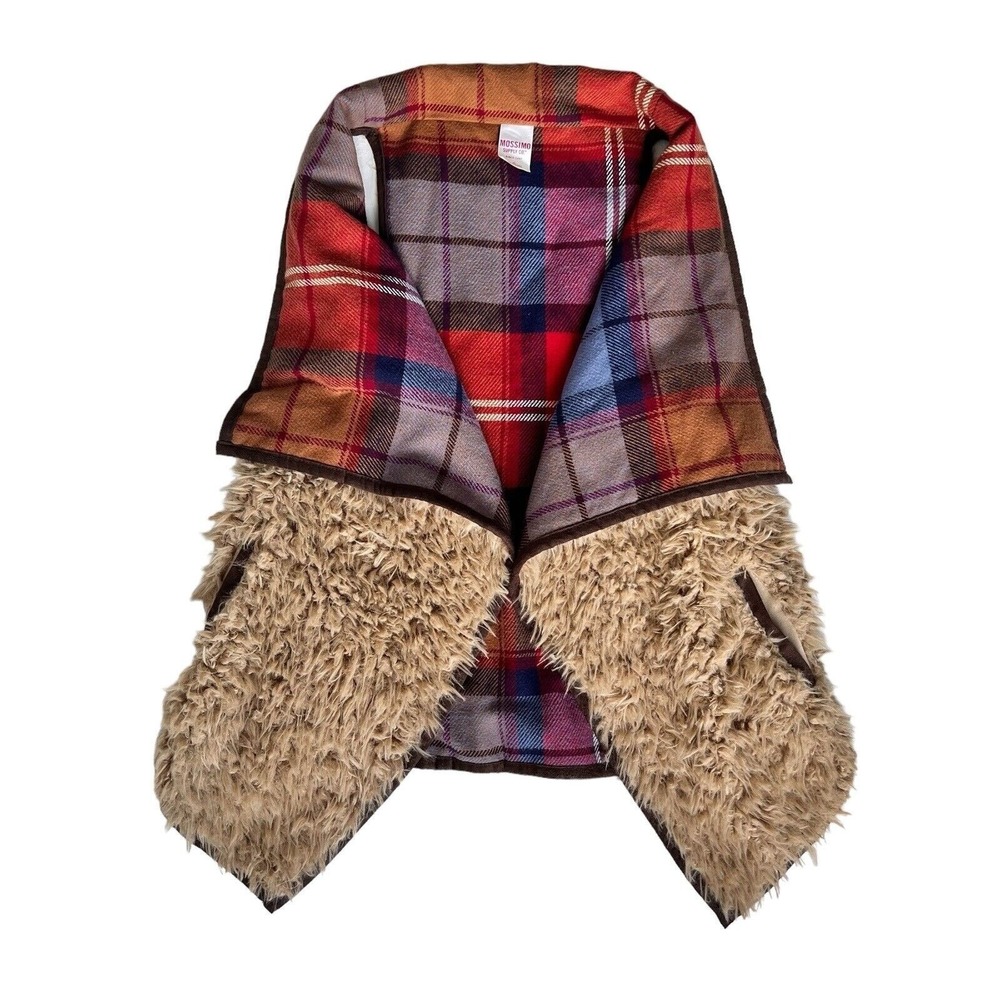 Oversized Rustic Womens Shearling Plaid‎ Vest XS Faux Fur Shaggy Chic Horse Girl